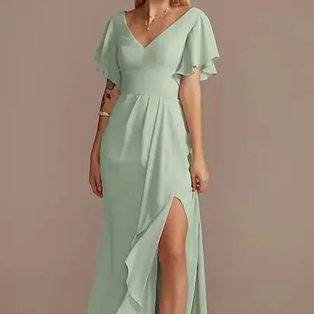 महिलाओं के लिए नई आगमन स्लिट लंबी दुल्हन की सहेली पोशाक वी नेक शिफॉन रफ़ल आस्तीन महिलाओं के लिए ए-लाइन औपचारिक पोशाक