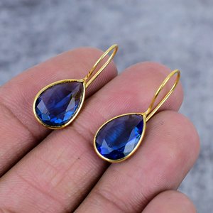 Pendientes de Plata de Ley 925 con Baño de Oro y Tanzanita en Forma de Pera, Diseño Único y Moderno para Mujer, Regalo para Bodas y Fiestas - Product Image 3