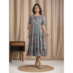 Vestido de Algodón Mulmul Azul Marino con Estampado a Mano, Estilo Boho-Elegante, Casual, Cintura Natural, Transpirable, Diseño Sostenible, ODM - Product Image 5