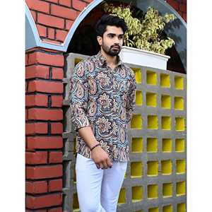 100% Cotton Printed Casual <b>Shirt</b> for Men Stand Collar Full Sleeves Woven Poplin Oxford <b>Paisley</b> Floral Dot Patterns ODM Supply - Product Image 4