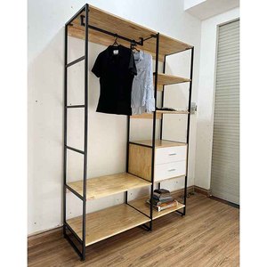 Armoire de rangement autoportante industrielle KQA68058 avec tiroirs, en bois de caoutchouc et structure en fer, pour suspendre et ranger les vêtements - Product Image 6