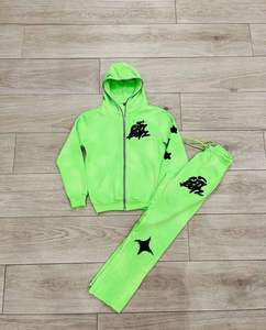 Ensemble sweat à capuche et jogging avec broderie appliquée vert néon pour hommes et femmes, imprimé léopard d'hiver, streetwear, survêtement, logo personnalisé, deux pièces - Product Image 3