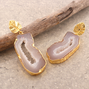 Anting-anting Juntai panjang kancing belakang perancang daun anting-anting druzy Iris batu akik geode hitam alami - Product Image 6