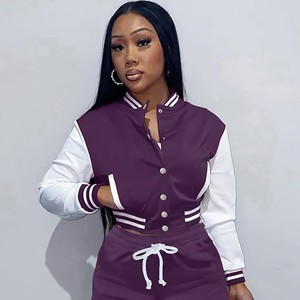 Best Variety Stylish Women's Crop Varsity <b>Jacket</b> Long <b>Sleeve</b> <b>Short</b> Length Turn-Down Collar Woman's Warm Breathable Cotton - Product Image 3