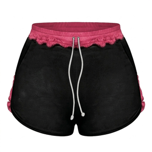 Women premium cotton spandex booty shorts black pink panels elastic waistband <b>drawstring</b> logo custom Booty shorts for women - Product Image 1
