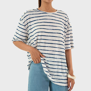 Camisetas de Verano para Mujer al por Mayor, Personalizadas, de Alta Calidad, Tela de Algodón, Camisa con Rayas Azul Marino, Fabricadas en Pakistán - Product Image 1