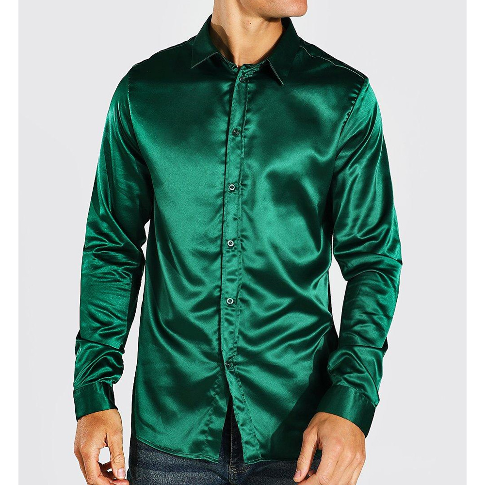 emerald green satin dress shirt Emerald Green Solid Satin Men's Long Sleeve Dress Shirt, L main image 1