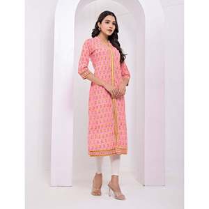 Kurti Rosa de Algodón con Estampado de Bloques, Vestido Indio de Estilo Pakistaní, Incluye Lehenga Choli Salwar Saree, Todo Cosido, Listo para Usar - Product Image 4