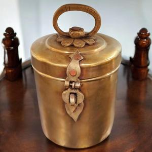 Modern Pure Brass Cylindrical <b>Lockable</b> <b>Box</b> with Handle Safe Storage Container R a Handicraft AH 986 - Product Image 1