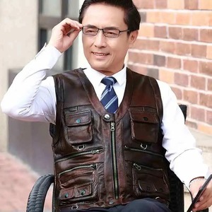 Cowhide <b>Leather</b> Vest Men Brown Waistcoat Male <b>Sleeveless</b> <b>Jacket</b> Thick High Quality Motorcycle Vest Multi Pocket Zipper - Product Image 4