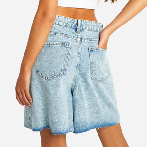 Folded Down Waist Light Blue Washed <b>Women's</b> Running Fitness Workout <b>Shorts</b> with Pockets Raw Hem Casual Stretch Slim Denim <b>Shorts</b> - Product Image 2