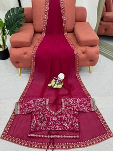 Diseñador Heavy Faux Georgette Thread & Sequence Work Sari y Mono Banglori Blusa de seda Thread & Sequence Work con cinturón - Product Image 2