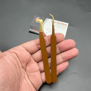 Pinces à épiler pour extensions de cils en acier inoxydable japonais durable ASB Instruments, couleur or brun, pointes en fibre pour volume de cils, crochet - Product Image 3