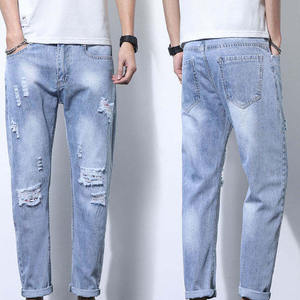 Jeans en denim délavé pour homme, coupe droite, style décontracté, solide, extensible, taille mi-haute, pantalon décontracté de haute qualité - Product Image 1
