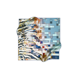 Écharpe carrée en crêpe de soie polyester bleu avec motif géométrique pour l'été - Product Image 1