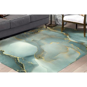 Alfombra Estampada - Moderna Alfombra Antideslizante para Entrada con Diseño de Mármol Dorado y Detalles Verdes, con Pelo Suave - Product Image 3