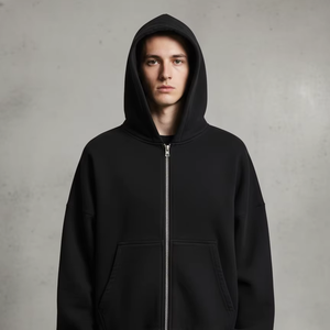 Wholesale Custom <b>Black</b> Full <b>Zip</b> <b>Up</b> <b>Hoodie</b> Oversized Blank Fleece Streetwear Jacket Unisex - Product Image 1