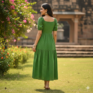 Vestido Midi de Verano para Mujer Unity Luxure, Cuello Redondo, Manga Corta, Cintura Imperio, Línea A, Bordado Calado, Transpirable, Estilo Vacacional - Product Image 3