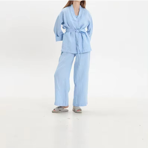 Conjunto de Pijamas Personalizados para Mujer, Tejido de Lino 100%, Ecológico, Corte Holgado, Tirantes Finos, Pantalones Largos, Pantalones Cortos, Verano, Japón - Product Image 1