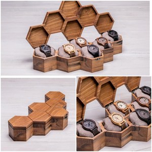 Boîte de montre hexagonale en bois de noyer personnalisée support d'affichage de couvercle en verre gravé pour 1 à 10 montres cadeau unique pour lui - Product Image 6