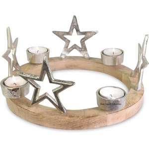 Silver Metal & Glass <b>Tea</b> Light <b>Candle</b> Holder on Mango Wooden Round Base for Home & Christmas Decor Advent Holder - Product Image 4