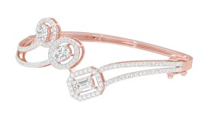 IGI Certified Mixed Shape Lab Grown Diamond Designer <b>Bangle</b> <b>Bracelet</b> in 14K Yellow / White / Rose Gold with Halo Setting - Product Image 4