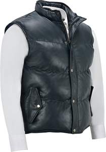 <b>Men's</b> Navy Puffer Leather <b>Vest</b> Casual Style with Stand Collar and Canvas Fabric Padded Lambskin Leather - Product Image 3