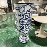 Pot Bunga Fiberglass Motif Biru Putih Mewah, Pot Tanaman Dekoratif untuk Taman & Pot Tanaman Besar untuk Luar Ruangan, Pot Urn FRP