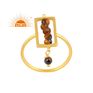 Best Selling Sterling <b>Silver</b> Gold <b>Plated</b> Natural Yellow Tiger Eye Beaded Gemstone Stackable Ring Demi Fine Jewelry Manufacturer - Product Image 1