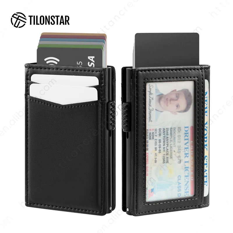 TILONSTAR TVC329 dompet pria, tempat kartu RFID aluminium kulit Pop Up kustomisasi dengan Id Windows