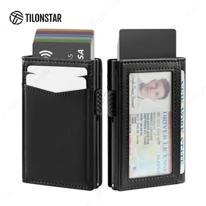 TILONSTAR TVC329 Individueller aufklappbarer Lederaufsatz Aluminium RFID-Handtaschen-Kartenhalter für Herren mit Identifikationsfenster