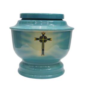 Adhesivo de diseño cruzado Urnas de cremación para adultos de aluminio Urnas funerarias de metal con acabado azul cielo para cenizas humanas. - Product Image 1