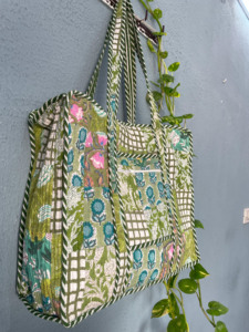 Handmade Cotton <b>Tote</b> <b>Bag</b> Patchwork Quilted Design Block Print for Market Shopping Travel-Personalised Gift for Her Summer Autumn - Product Image 4