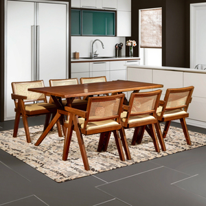 TACASA Modern Ash Wood Dining <b>Table</b> 7-Piece Dining Chairs <b>Walnut</b> Leather Cushioned Seats Rattan Back Eco-Friendly for Home - Product Image 1