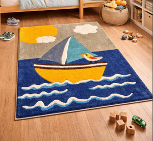 Tapis en laine tuftés à la main, motif bateau et oiseaux, taille et couleur personnalisables pour la maison, le bureau ou le salon. - Product Image 3