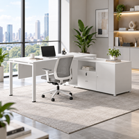 Bureau d'angle en forme de L, minimaliste, blanc, en panneaux de particules de 25 mm, grand meuble latéral, pieds en acier, pour bureau à domicile, salle d'étude