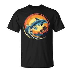 Camiseta con Diseño Promocional de Delfín Surfista al Atardecer en el Mar, para Amantes de los Deportes Acuáticos - Product Image 1