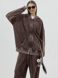 เสื้อฮู้ดซิปสีน้ำตาลยูนิเซ็กซ์ ทรงปกติ สไตล์วินเทจ สตรีทแวร์ ผ้าฝ้าย 100% เสื้อกันหนาวสีพื้น สำหรับขายส่ง - Product Image 4