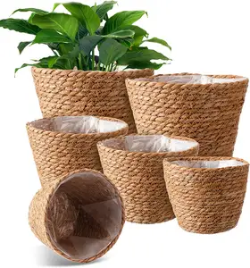 Klaar Om Te Verzenden Zeegras Planter Mand Hand Geweven Plant Bloempotten Dek Met Plastic Voeringen Zeegras Plant Pot Mand