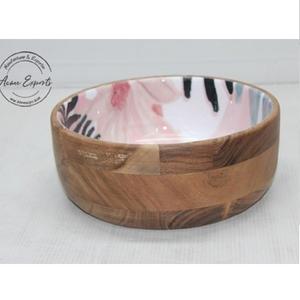 Cuenco de madera hecho a mano con interior de cerámica floral para servir elegante y exhibición decorativa - Product Image 3