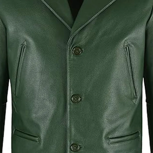 Chaqueta de Cuero Genuino Verde para Hombre, Estilo Motero, Cuello Camisero, Corte Ajustado, Cierre de un Solo Botón, para Otoño - Product Image 5