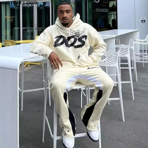 OEM personnalisé ensemble de jogging deux pièces pour hommes de haute qualité 100% coton imprimé coupe brute ourlet bord sweat à capuche pantalons de survêtement empilés bas évasé - Product Image 3