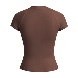 Haut de sport sans couture respirant à manches courtes pour femme, coupe classique, extensible, en Spandex/Nylon, motif uni, design simple, tissu 220g - Product Image 3