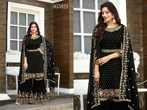 Magnifique nouvelle variété dernière fausse Georgette Salwar costume avec broderie et travail de la pierre fournisseur et exportateur indien - Product Image 4