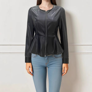 Chaqueta de cuero genuino para mujer de alta calidad con cierre de cremallera clásico OEM ODM Precio de fábrica y soporte Cuero genuino para mujer - Product Image 6