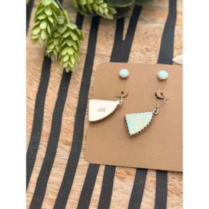 Navajo <b>Opal</b> & Sterling Silver Dangle and <b>Stud</b> <b>Earring</b> Set Vintage Geometric Gold Plated Jewelry with Pearl and Diamond Stone - Product Image 4