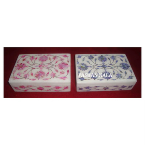White Marble Pink And Blue Mother of Pearl Inlay Jewellery <b>Box</b> Rectangle Shape Double Color <b>Floral</b> Design Used For Thanksgiving - Product Image 1