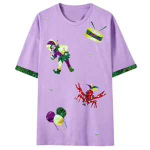Camiseta informal personalizada Mardi Gras Festival Carnival Lavender para mujer cuello redondo con lentejuelas brillantes de tendencia trabajo hecho a mano - Product Image 2