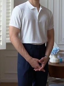 Nouvelle qualité pour l'été nouveau polo en tricot côtelé pour hommes chemises à revers solide blanc décontracté col en v de haute qualité Lel Slim-fit - Product Image 3