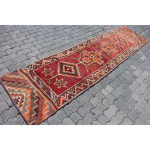 Turkish 2.5x10.2 ft Rug, <b>Runner</b> Vintage Rug, <b>Red</b> Solid Wool Rug - Product Image 3